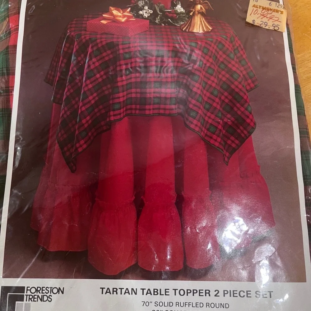 Vtg Foreston Trends Tartan Table Topper 2 Piece Set Red Plaid Ruffled Round 70in